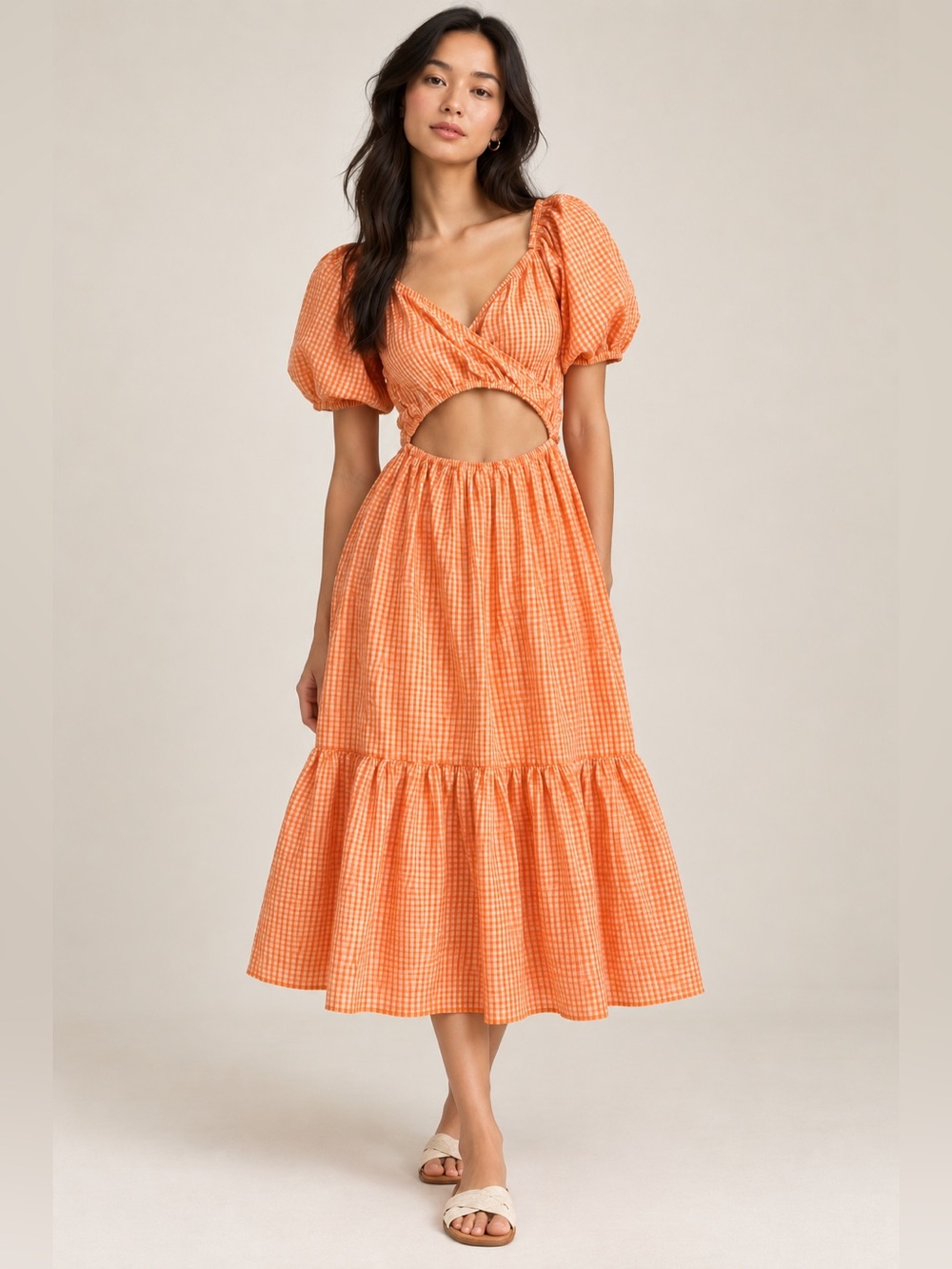 Sim & Sam Orange Gingham Cutout Waist Puff Sleeve Dress – S